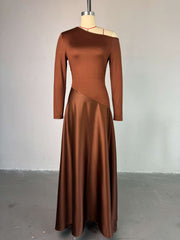 Elegant Slash Neck Cinched Waist Solid Maxi Dress