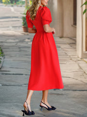 Fashion V-neck Puff-Sleeve Slim-fit Midi Dress