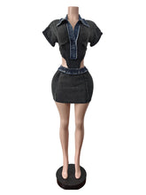 Retro Denim Lapel Bodysuit Skirt Sets