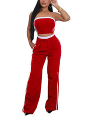 Striped Sleeveless Strapless Crop Top And Pants Set