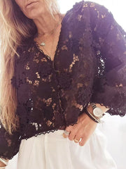 Elegant V Neck Lace Floral Hollow Out Shirt