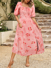 Elegant Floral Print Lantern Sleeve Slim-Fit Dress