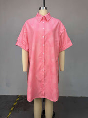 Casual Stripe Short Sleeve Loose Side Split Shirt