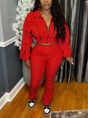 Zipper Cropped Flared Pants Casual Two Piece Sets