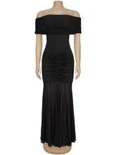 Off Shoulder Mesh Spliced Ruched Bodycon Maxi Dress