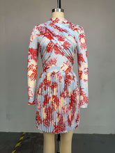 Print Long Sleeve Cross Top Pleated Skirt Two Piece Set