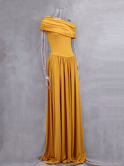 Elegant Sloping Shoulder Pleated Slim Maxi Dress