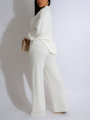 Button Front Lettuce Trim Shirt Wide Leg Pants Sets