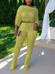 Sexy Skew Collar Ruched Top And Pant 2 Piece Set