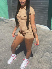 Casual Zipper Multi Pocket Cargo Romper