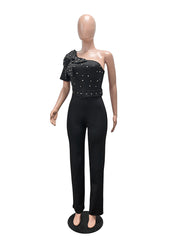 Elegant One Shoulder Rhinestone Wide Leg Jumpsuit