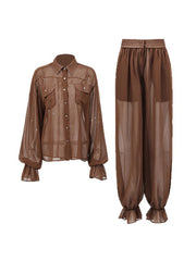 Fashion Turn-down Collar Mesh Shirt And Pants Set