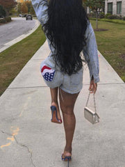 USA Flag Patch Denim Jacket Shorts Two Piece Set