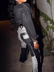Trendy Mid Waisted Patchwork Raw Edge Jeans