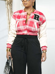 Letter Print Patchwork Cropped Jacket