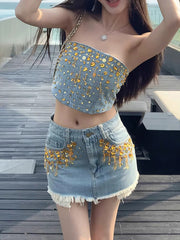 Sexy Rhinestone Strapless Top Denim Skirt Sets