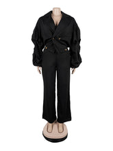 Turn-down Collar Pleated Sleeve Straight Pants Set