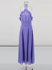 Elegant Sheer Mesh Ruffle Backless Halter Maxi Dress