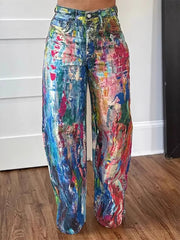 High Wais Tie Dye Print Straight Trousers