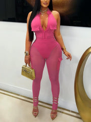 Sexy V-neck Halter Bodysuit and Mesh Pants Set