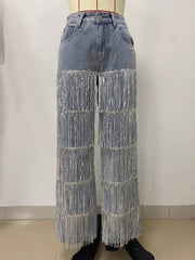 Fashion Sequin Tassels High Waist Jeans