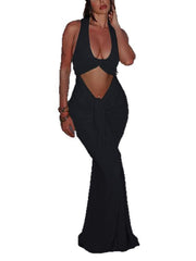 U-Neckline Twist Strap Low Waist Ruched Fishtail Dress