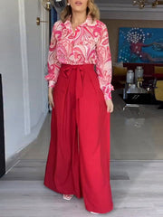 Fashion Long Sleeve Lapel Button Top Wide Leg Pant Sets