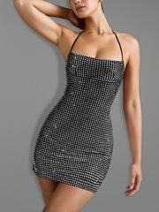 Sexy Rhinestone Embellished Halter Mini Dress