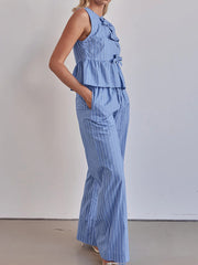Stripe Sleeveless Lace-up Ruffle Top And Pants Sets