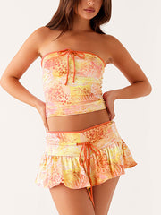 Strapless Print Bow Tube Tops Lace-Up Skirt Sets