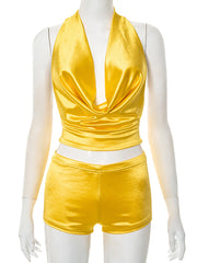 Deep V Halter Bandage Top and Shorts Two-piece Set
