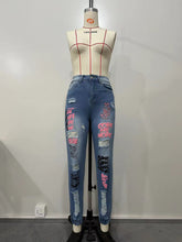Fashion High Waist Letter Print Ripped Jeans