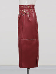 Vintage Elegant PU Leather Midi Skirt