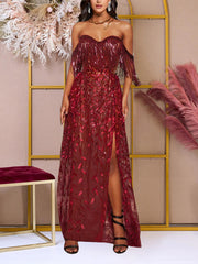 Sexy Strapless Sequin Leafy Fringe Maxi Dress
