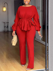 Casual Round Neck Cinched Waist Top and Pants Set