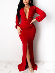 Solid Color Deep V Party Club Dress