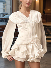 Fashion V-neck Fully-pleated Cinched Mini Dress