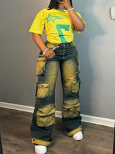 Contrast Color Multi Pocket Cargo Jeans