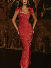 Embroidered Hollow-out Bowknot Shoulder Straps Dress