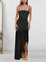 Sexy Spaghetti Strap Rhinestone Mesh Maxi Dress