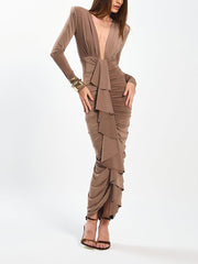Sexy Deep V Neck Bodycon Ruffle Pleated Maxi Dress