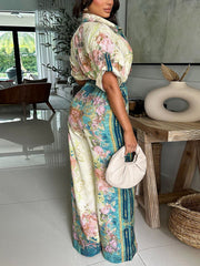 Vintage Floral Print Lace-up Slim Fit Jumpsuit