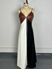 Fashion Sleeveless Patchwork PU Leather Maxi Dress