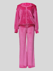 Velour Zipper Hoodie Wide Leg Pants Sets