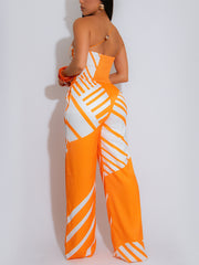 Colorblock Print One Shoulder Casual Jumpsuit