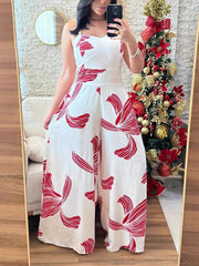 Casual Print Spaghetti Strap Wide Leg Jumpsuit