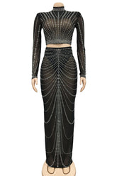 Sexy Rhinestone Sheer Mesh Skirt Club Sets