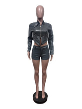 Stretch PU Leather Cropped Jacket Shorts 2 Piece Set