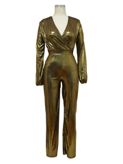 Sexy Metal Color V Neck High Waist Jumpsuit