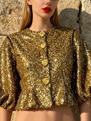 Round Neck Sequin Puff Sleeve Cardigan Top